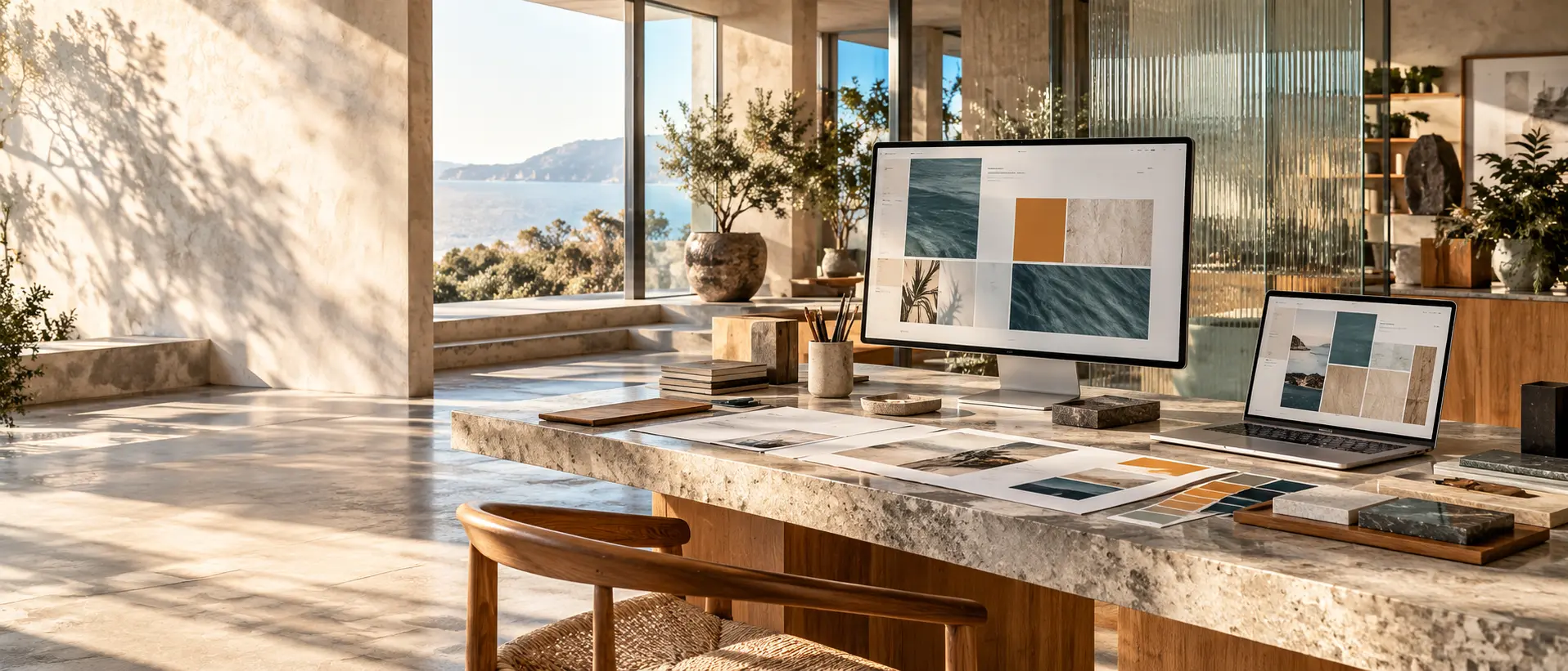 Sunlit creative web development studio with modern interface mockups, screens and handcrafted design material