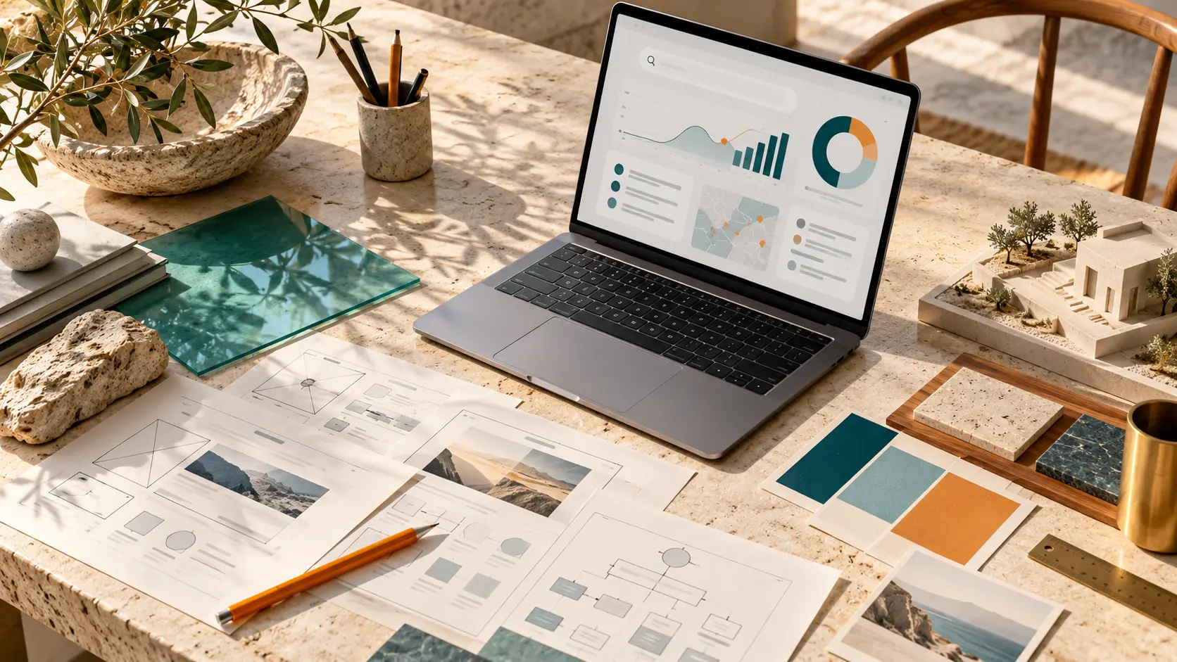 Search strategy workbench with laptop analytics, site wireframes and SEO planning materials