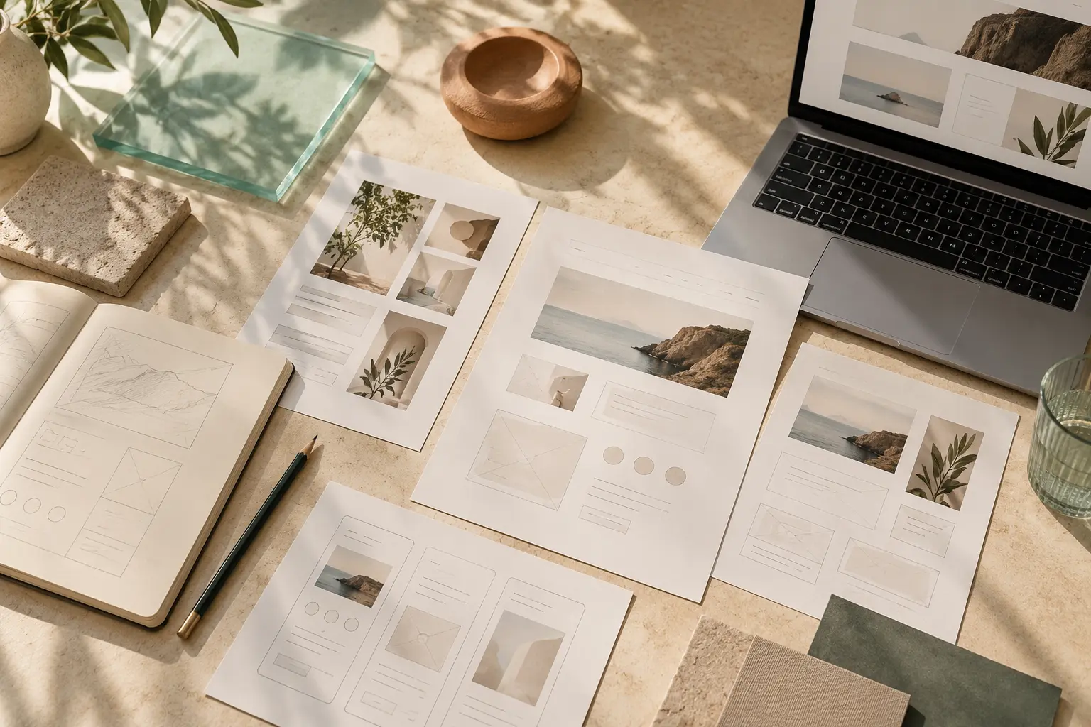 Editorial creative workspace with sketches and website design materials